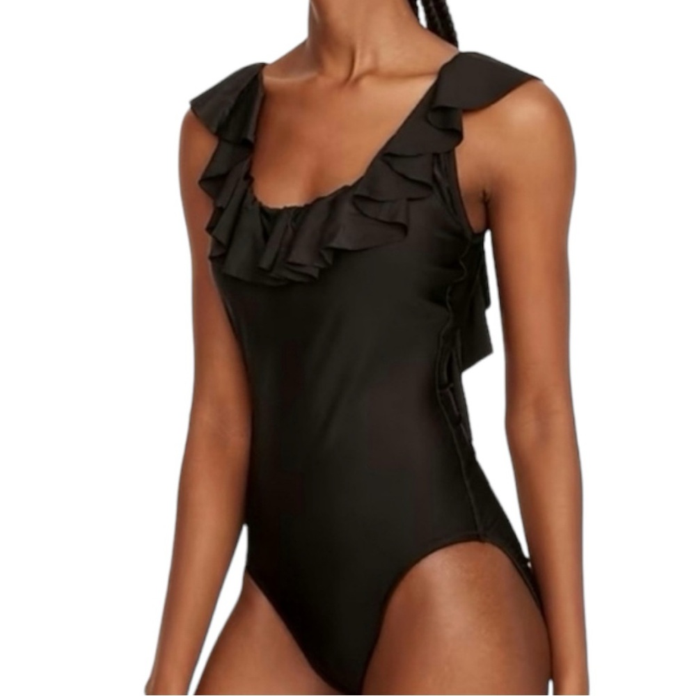 J. Crew Factory NWT Black Ruffle Neckline Scooped Back One-Piece Swimsuit SZ L